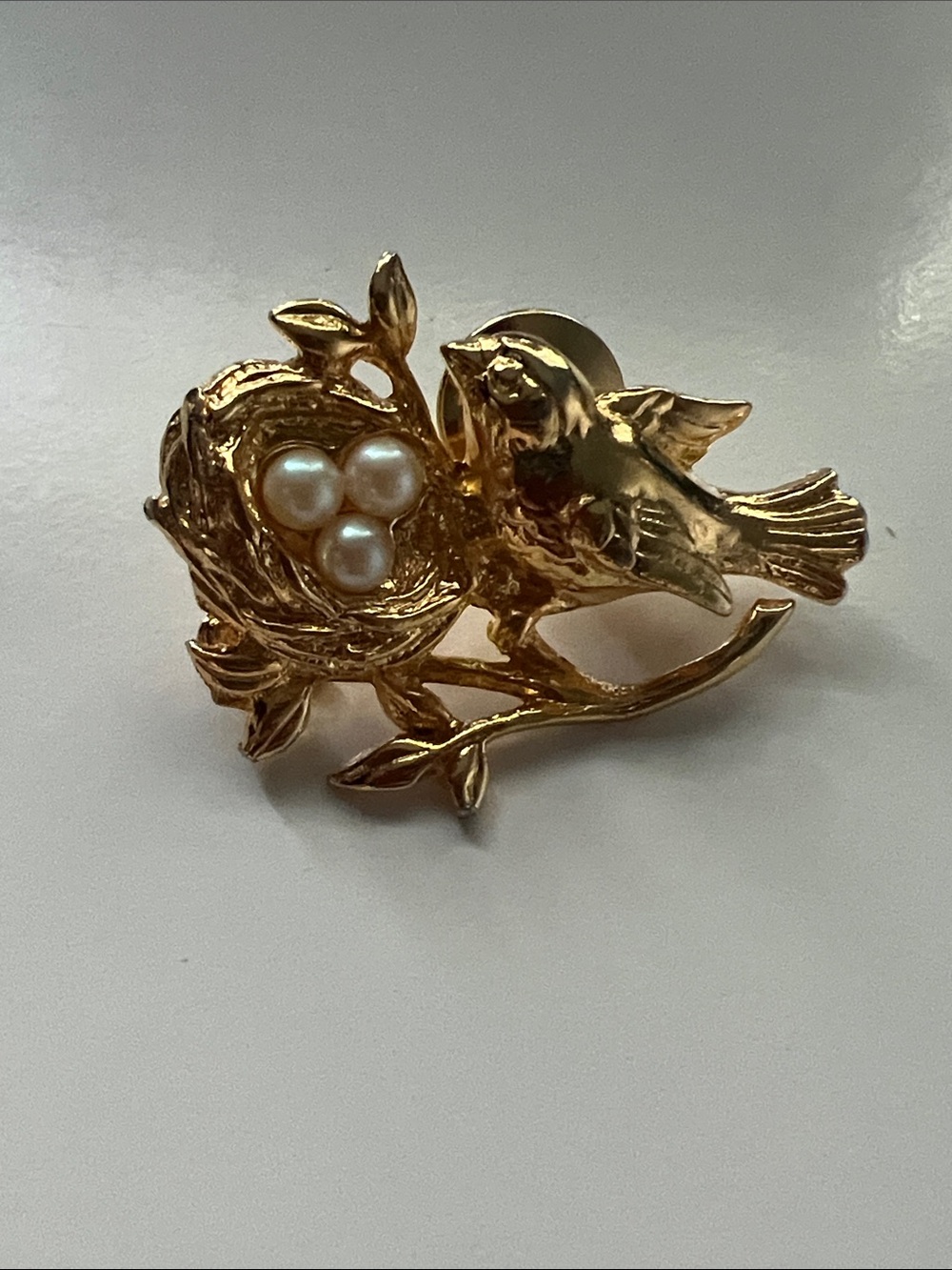 Vintage Avon Brooch: Goldtone Bird and Nest Pin with Faux Pearl Eggs